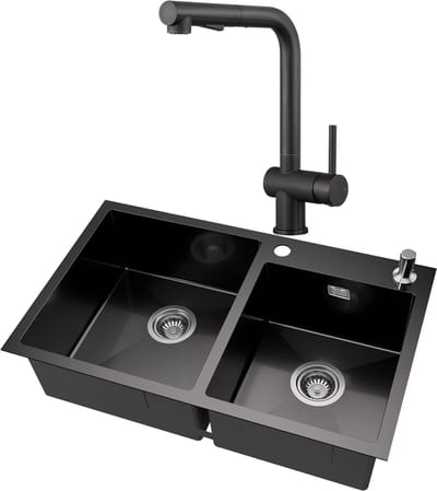 Auralum MAX Dubbele Spoelbak voor keuken 75x45cm Antraciet - Spoelbak Keuken Met Keuken kraan - Roestvrij staal - Wasbak met waterafvoersysteem - Met zeepdispenser 300ml