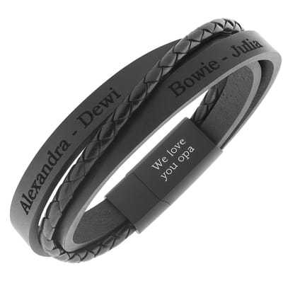 Mbrace Heren Armband Leer Zwart met Gratis Gravering – Gepersonaliseerd met Namen of Tekst – Polsomvang 17 cm - Maat S – Lengte 19 cm -
