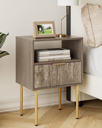 Famanu – Nachtkastje met lade, modern houten ontwerp voor slaapkamer en woonkamer, grijs