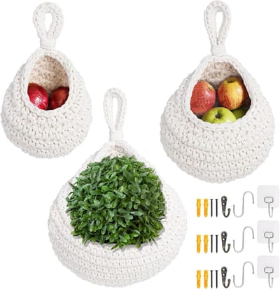 Famanu – Hangende fruitmanden set 3 – katoenen hangmanden met haken, ruimtebesparend