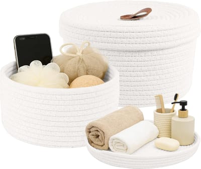 2 stuks opbergmand, rond, katoenen touw met deksel, mand voor kinderkamer, woonkamer, badkamer, tafel, decoratief (wit)