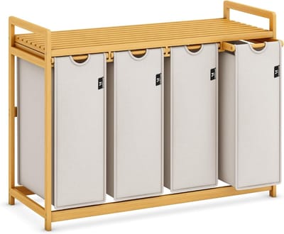 Florixa® Wasmand 4 Vakken - Wassorteerder - Wasmand - met Verwijderbare Waszak - Licht Grijs - 107cm x 42cm x 77cm