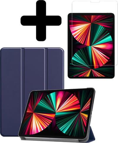 Hoes - Geschikt voor Apple iPad Pro (2021) - 12.9 inch - Met Screenprotector - Trifold Bookcase - Hard Cover - Hardcover Book Case - Tablet Hoesje - Donkerblauw