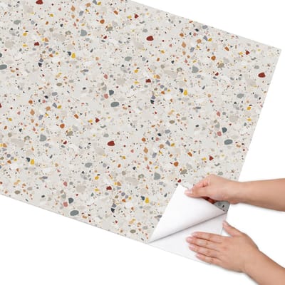 Coloray Meubel Wrap Folie - Beige Meubelfolie - 75x150 cm - Meubelfolie Zelfklevend Terrazzo mozaïek - Wrapfolie Keuken - Minimalist Meubelfolie - Decoratiefolie - Tafeldecoratie - Achtergronden en patronen
