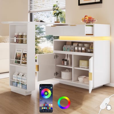 Bartafel - 115-183x40x99 cm - Uitschuifbaar Met LED 360° Draaibaar En Opbergruimte - Hout - Wit