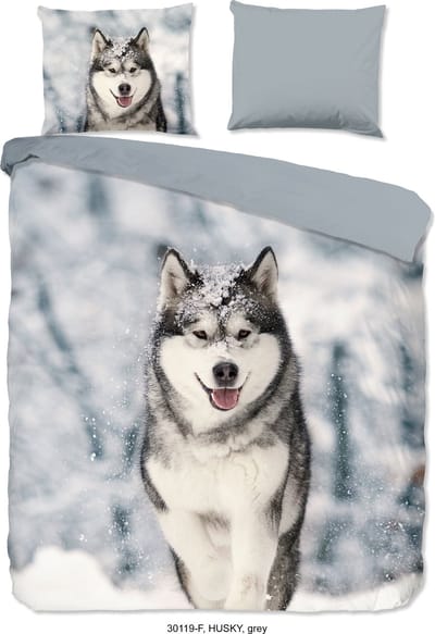 Good Morning dekbedovertrek husky hond - 2 persoons 200x200/220 cm - Grijs - 100% Katoen flanel