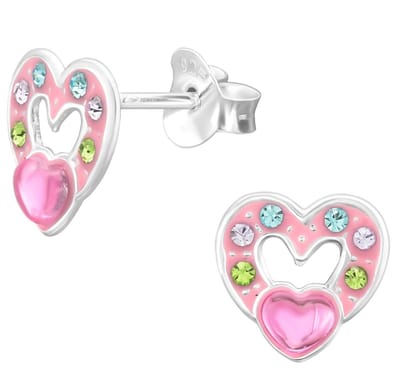 Joy|S - Zilveren hartje oorbellen - met roze hartje (erop) - kristal multicolor - 8 x 8.5 mm - kinderoorbellen