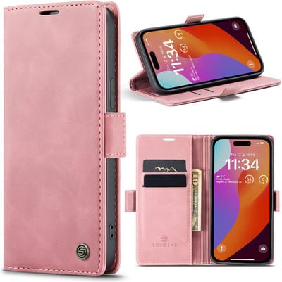 Solidenz Hoesje geschikt voor iPhone 15 Pro - Bookcase met pasjeshouder - Kaarthouder telefoonhoesje - Roze