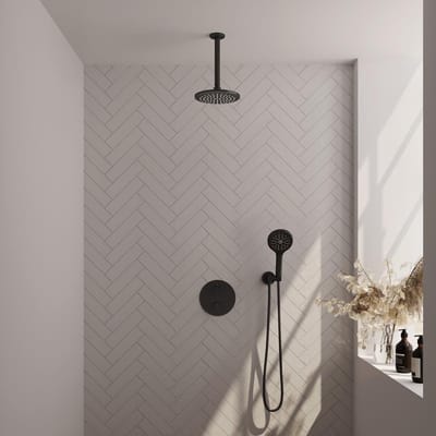 Brauer Black Edition thermostatische inbouw regendouche 3-weg rond SET 83 met 20 cm douchekop en plafondarm en 3-standen handdouche en doucheslang en wandaansluitbocht mat zwart