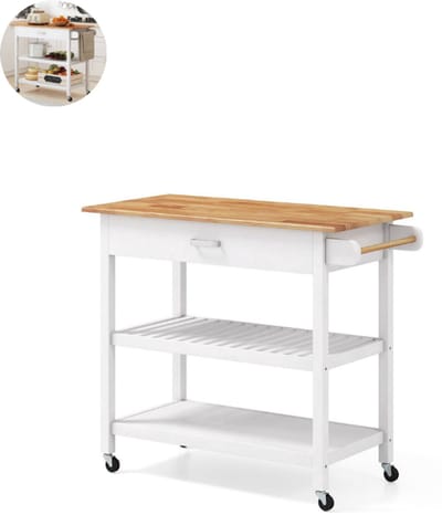Keukeneiland - Verplaatsbaar - Keukenkast - Dressoir - Organizer - Kasten - Houten Werkblad - Wit