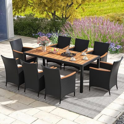 Tuinmeubelset 9-delig 190 x 91 x 74 cm – Polyrotan Eetset met Acaciahouten Tafelblad en 8 Stoelen met Kussens – Weerbestendige Tuinset voor 8 Personen met Parasolgat – NoviHome