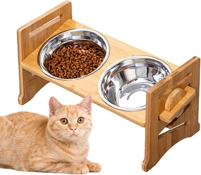 Verhoogde hondenbak - Huisdier voerstation - Comfortabel eten - Verstelbare hoogte - 42 x 19.5 cm - Houtkleur