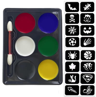 Set, 6 Kleuren Gezichtverf Palette met 1 Kwast en 16 Sjablonen, Wasbare Gezichtskleuren voor Volwassenen & Kinderen Carnaval Halloween Feestjes, Niet-Giftige Bodypaint Kleuren