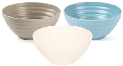 Plasticforte onbreekbaar servies kommetjes - schaaltjes - 12x stuks - blauw/wit/taupe - kunststof - 14 x 6.5 cm - Camping - Keuken