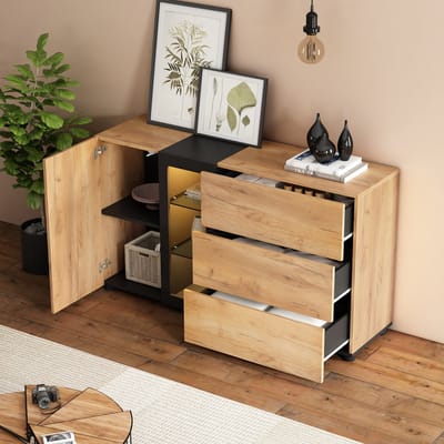 MODENUIT Dressoir - Ledverlichting En Glasplanken - Woonkamer En Eetkamer - Spaanplaat Zwart Bruin - 140x40x80 Cm