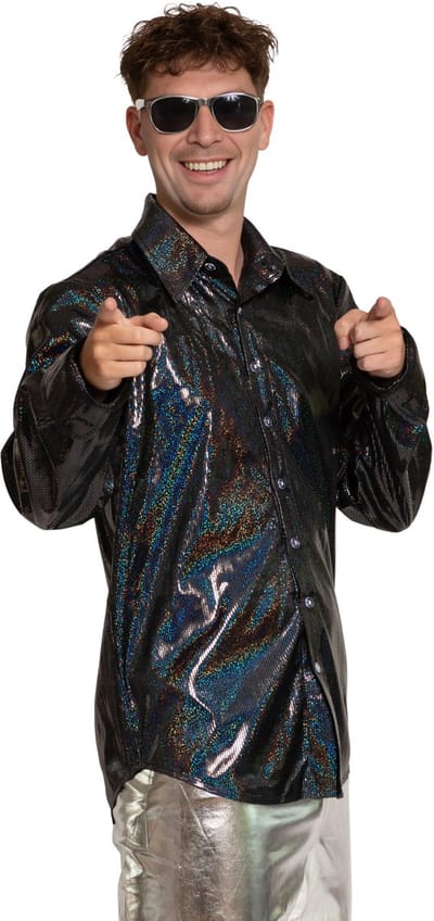 Partychimp Shiny Disco Shirt Zwart voor Heren Carnavalskleding Foute Party Verkleedkleding Volwassenen Heren Toppers 2026 - Disco- Shiny- Polyester - S