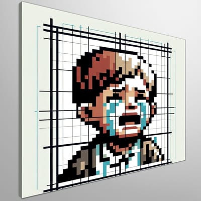 Pixel art huilend kind schilderij | Pixelkunst van een huilend kind: een emotioneel meesterwerk in pixels | Kunst - 20x20 centimeter op Canvas | Foto op Canvas