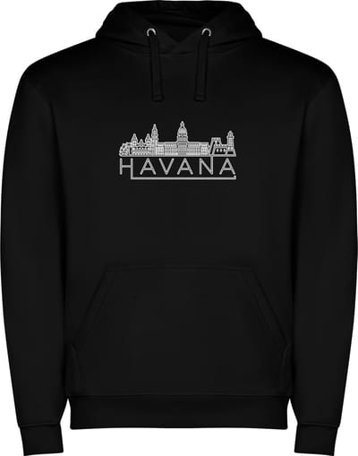 Zwarte unisex hoodie met “ Skyline Havana Cuba – Vakantiegevoel – Strak – Modern “ Print Full Color Color merk Roly maat S
