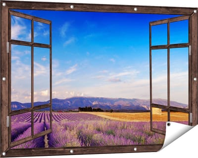 Gards Tuinposter Doorkijk Raam met Lavendel Veld - 120x80 cm - Tuindoek - Tuindecoratie - Wanddecoratie buiten - Tuinschilderij