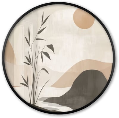 Poster in lijst Rond - Fotolijst 60x60 cm - Posters - Japandi - Landschap - Beige - Ronde posterlijst zwart - Decoratie - Wanddecoratie woonkamer - Muurdecoratie slaapkamer