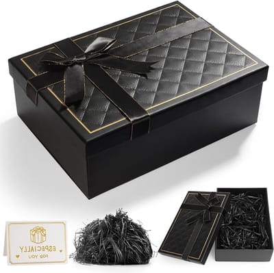 Elegante Cadeaubox met Deksel (25 x 18 x 8,5 cm) - Zwart Diagonaal Geruit met Strik, Perfect voor Verjaardagen, Bruiloften en Feestdagen