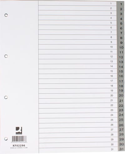 Q-CONNECT numerieke tabbladen, A4, PP, 1-31, met indexblad, grijs