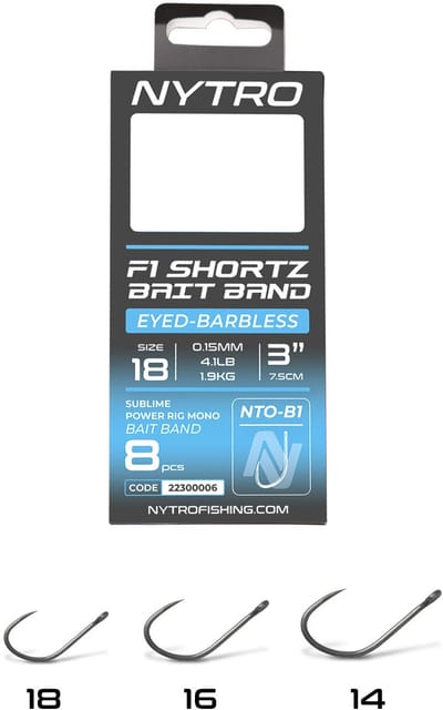 Nytro Ready Tied Rigs F1 Shortz Latex Bait Band 7.5cm Eyed-Barbless (8 pcs) - Maat : Haak 14 - 0.13mm