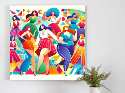 Modern dikke dames schilderij | Vivacious voluptueuze vrouwen in hedendaags kleurrijke kunststuk | Kunst - 20x20 centimeter op Dibond | Foto op Dibond