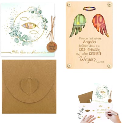 Dailygoods- Pop-up Kaart Christelijke Vis - Innovatieve D-wenskaart - Geldcadeau Doop/Communie/Vormsel - Houten Ornament - Inclusief Enveloppe