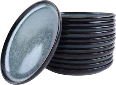 OTIX Ontbijtborden - Blauw - 12 Persoons - 21cm - Dessertbord - Aardewerk - Bordenset - Gebaksbordjes - EBONY