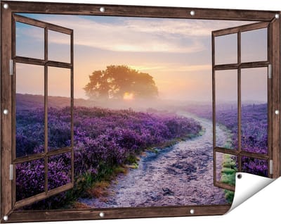 Gards Tuinposter Doorkijk Pad in de Weide van de Veluwe - 120x80 cm - Tuindoek - Tuindecoratie - Wanddecoratie buiten - Tuinschilderij
