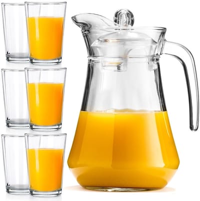 Drinkglazen met Karaf Glas met Deksel 200 ml / 1,4 l 7 delig - Waterglazen - Glazen - Limonadeglazen - Kan - Waterkaraf voor Fruitwater - Waterkan - Drinkkan