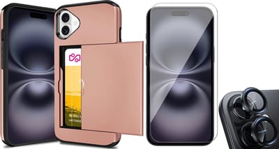 Hoesje met Pasjeshouder geschikt voor iPhone 16 - Screenprotector GlassGuard & Camera Lens Screen Protector Zwart - Back Cover SlideCase Roségoud