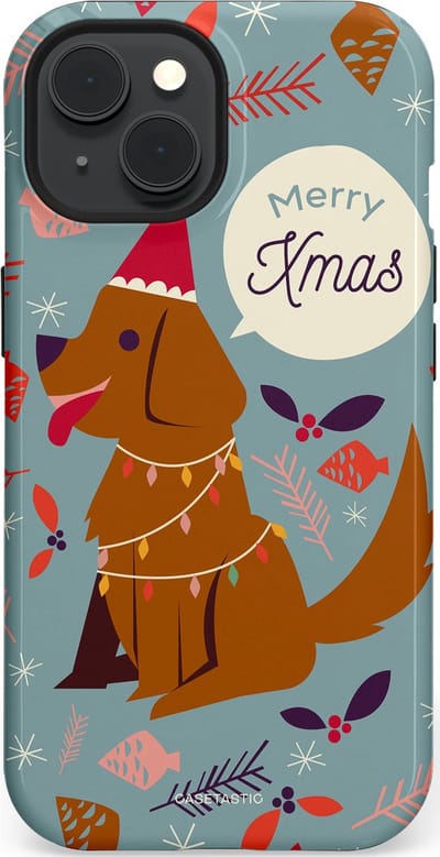 Casetastic hoesje geschikt voor Apple iPhone 15 - MagSafe - Dubbellaagse bescherming - Merry Christmas Hond - Fashion Case - Zilver Bruin Saliegroen Rood