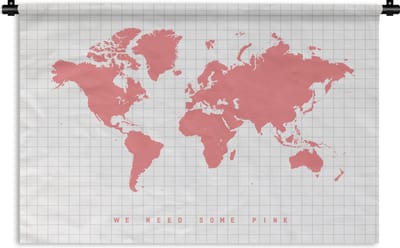 Wandkleed Eigen Wereldkaarten - Wereldkaart Roze - Pink - Modern - Wandkleed katoen 180x120 cm - Wandtapijt met foto