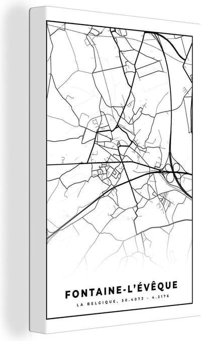 Canvas Schilderij België – Fontaine l'Évêque – Stadskaart – Kaart – Zwart Wit – Plattegrond - 20x30 cm - Wanddecoratie