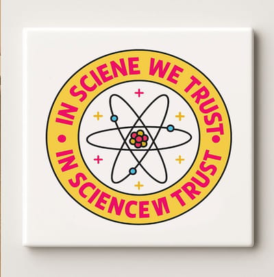 In Science We Trust Keramische Tegel 15x15cm – Moderne Geek Muurdecoratie met Atoomontwerp – Perfect Cadeau voor Wetenschappers, Leraren & Wetenschapsliefhebbers