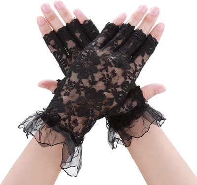 Zwart - Kanten handschoenen - Kanten vingerloze handschoenen - Vingerloze kanten dameshandschoenen - Vintage bloemen - Kant - Geschikt voor bruiloftsbanketten, ballen, feesten