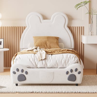 MEUNIQ kinderbed 90 x 200 cm in berenvorm, gestoffeerd eenpersoons bed met lattenbodem, wit velourslook bedframe voor de kinderkamer
