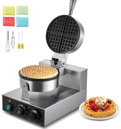 CommerciëLe Wafelmaker, 1230 W, Rond, Roestvrij Staal met Antiaanbaklaag, Temperatuur- en Tijdregeling, Handgreep, voor Restaurant, Bakkerij, Snackbar, Familie