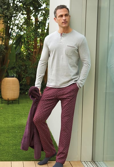 Barandi Herenpyjama Enrico – Grijs & Bordeaux – Lange Mouwen – Comfortabele Nachttop met Knoopsluiting – Zachte Katoenmix- M