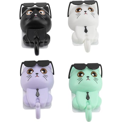 4 Pièces Crochets Chat Plastique Adhésif Mignon Chaton Lunettes de Soleil Porte-Clés Crochet Mural pour Chapeau Veste