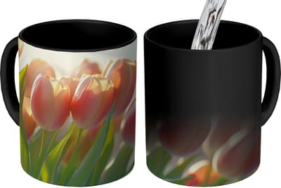 Magische Mok - Foto op Warmte Mokken - Koffiemok - Tulpen - Roze - Zonnestralen - Magic Mok - Beker - 350 ML - Theemok