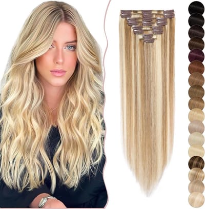 Clip-in Haarverlenging 30 cm Echt Haar Steil – Witbruin/Lichtblond Set