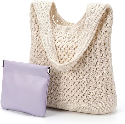 Beige haaktassen en make-uptassen, stijlvolle strandtassen voor dames, boho gebreid, perfect voor zomer, winkelen en vakantiegebruik