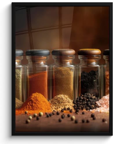 Poster in lijst - Fotolijst 50x70 cm - Posters - Potjes - Kruiden - Specerijen - Korrels - Posterlijst zwart - Decoratie - Wanddecoratie woonkamer - Muurdecoratie slaapkamer