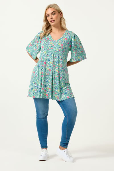 Yours Groene Top Met Bloemenprint En Plooien Aan De Voorkant Size 44