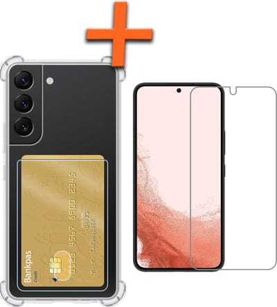 Hoes - Geschikt voor Samsung Galaxy S22 - Met Screenprotector - En Pashouder - En Kaarthouder - Telefoon Hoesje Shockproof - Siliconen Case - Back Cover - Shock Proof - Pasjes Houder - Transparant