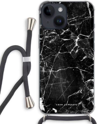 Case Company® - Hoesje met koord geschikt voor iPhone 14 hoesje met Koord - Zwart Marmer - Telefoonhoesje met Zwart Koord - Bescherming aan alle Kanten en Over de Schermrand