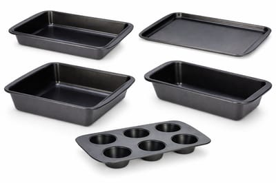 HEM 5-delige Bakvormset Staal met Antiaanbaklaag – Cakevorm, Muffinbakplaat, Ovenschaal, Braadslede & Bakplaat – Grijs